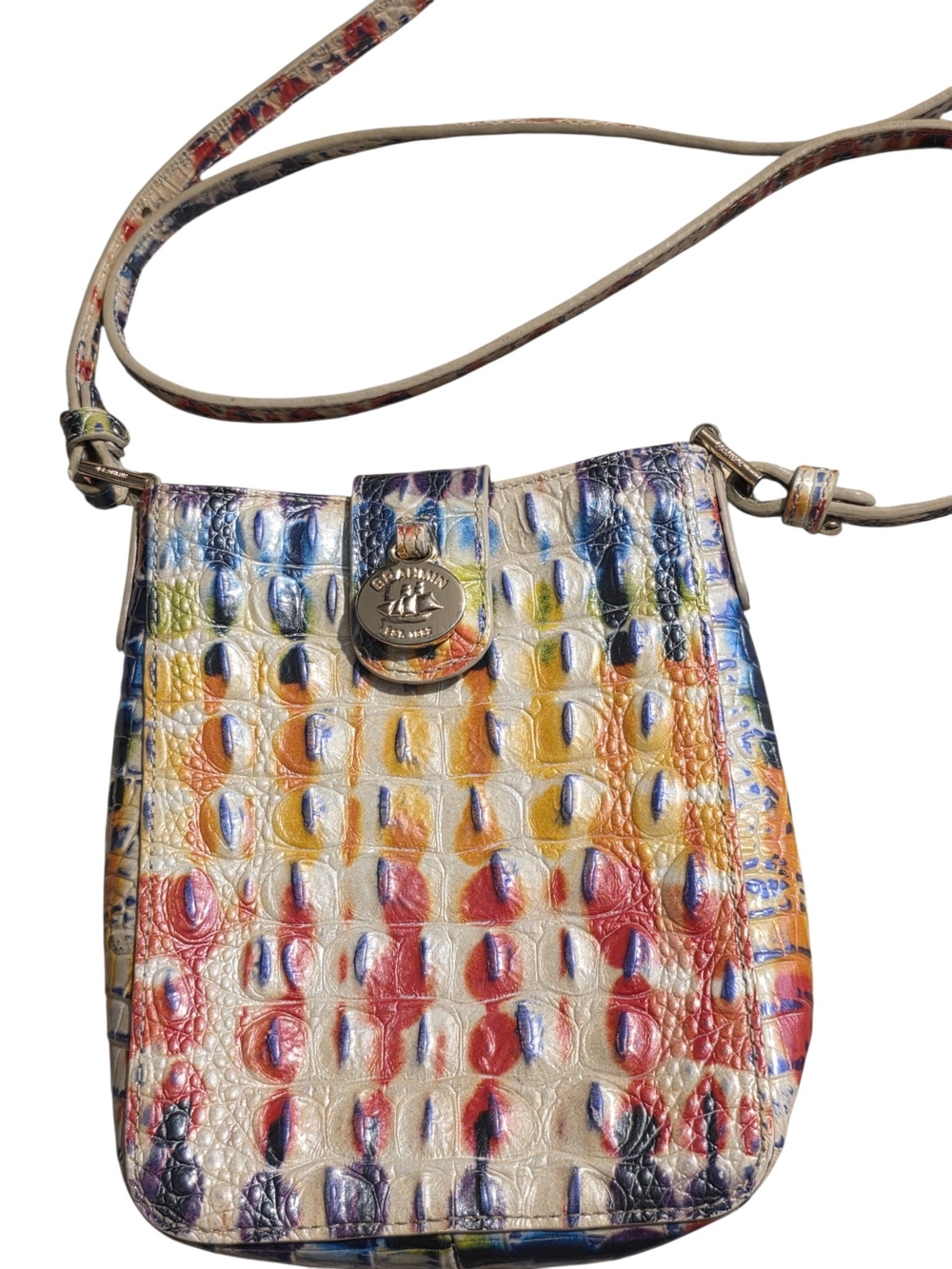 Brahmin Croc Embossed Leather Crossbody Phone Bag Rainbow Tie Dye Multi